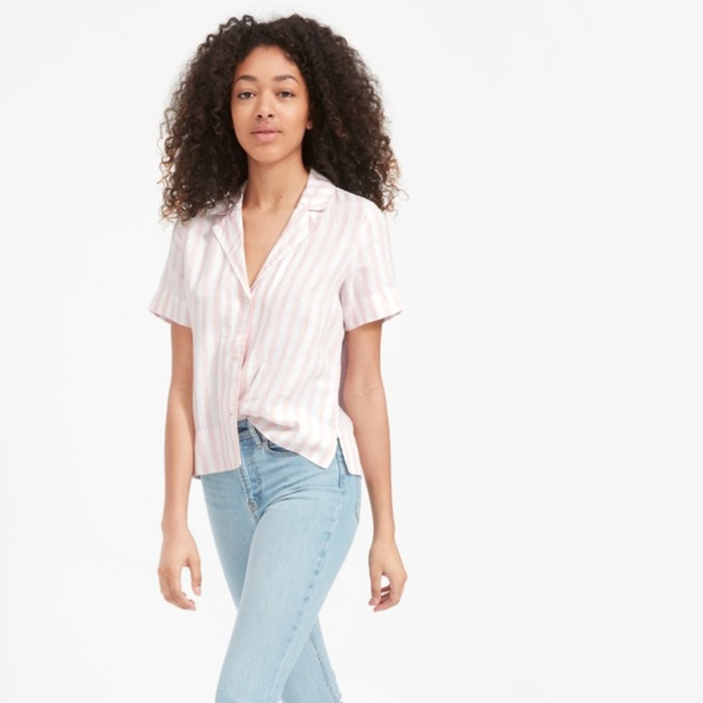 Everlane Button Down Short Sleeve White and Pink Linen Top